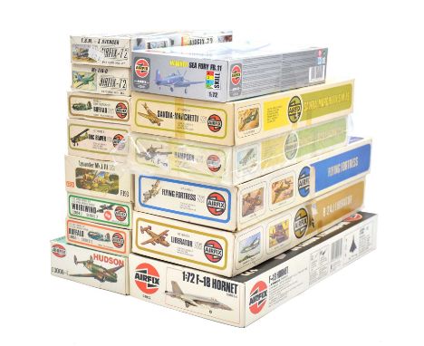 Airfix 1/72 scale model aircraft kits, fourteen including 03006 Hudson; ref. 02050 Buffalo (x2); ref. 05006 Liberator; ref. 0