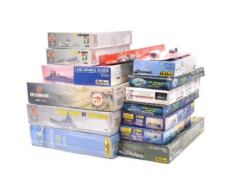 Thirteen 1/400 scale model ship kits, Airfix, Heller and Mirage, including Airfix ref. 08204 Scharnhorst or Gneisenau; ref. A
