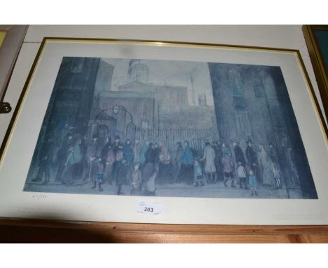 After L S Lowry, Outside the Mill, coloured print, number 411 of 850, produced for the Adam Collection 1976, printed in Engla