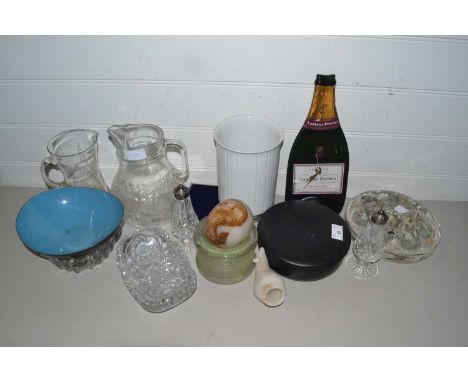Mixed Lot: Various assorted glass wares, wall clock formed from a melted bottle, glass pipe stand and other items