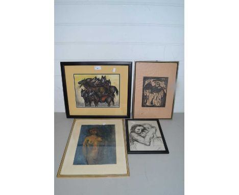 Mixed Lot: Black and white print mother and baby together with a further nude study, study of a group of horses, further abst