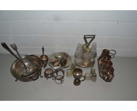 Mixed Lot: Various silver plated items to include soup ladle, egg cruet, cruet, cutlery etc