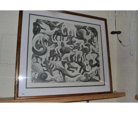 Contemporary black and white print, Entwined Mythical Beasts Figures and Animals