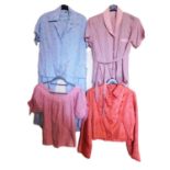 Two pairs of lady's mid 20th century pyjama's, an apricot satin bedjacket and a pink cotton top, (