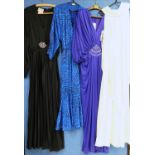Four circa 1970's/80's evening dresses: to include a cream sleeveless cowl neck dress by Shubette, a