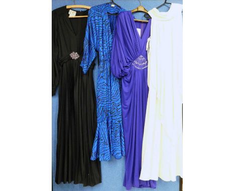 Four circa 1970's/80's evening dresses: to include a cream sleeveless cowl neck dress by Shubette, a purple drape dress with 