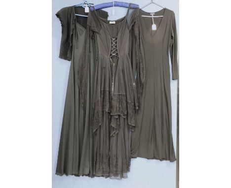 Three lady's dresses to include a black Peace Angel ankle length lace dress with corsetted detail, size M, a black viscose mi