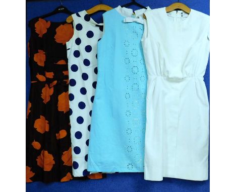 Four mid 20th Century lady's dresses: to include a cream sleeveless shift by Cresta Couture, size 14, a blue shift dress by P