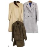 Three lady's coats, to include a tweed, cream and fur trimmed coat by Mornessa, a mid 20th Century