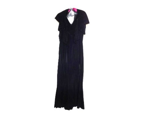 A black velvet evening gown, the sleeveless bias cut V-neck gown with matching shrug and long velvet coat with round crossove