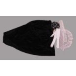 An adapted Victorian black satin skirt, a quantity of machine made lace, a pair of gloves and a