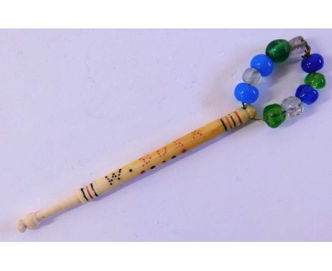 A 'hanging bobbin', carved in bone with pierced decoration 'W. BULL HUNG 1871', with beaded spangleWilliam Bull was hung 3rd 