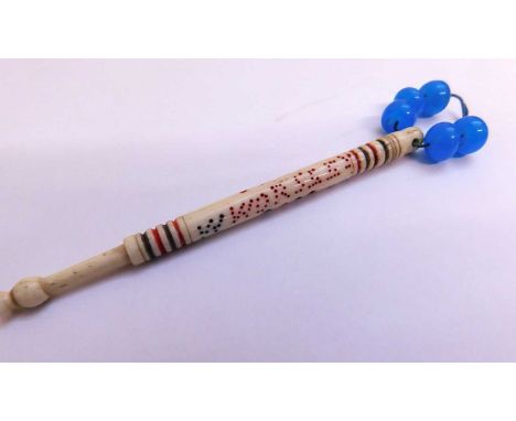 A 'hanging bobbin', carved in bone with pierced decoration 'W WORSLEY HUNG 1868', with beaded spangleWilliam Worsley was join