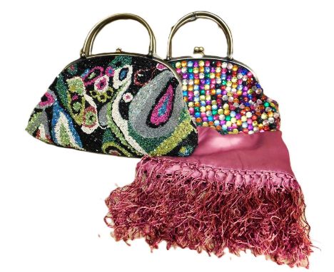 Two ladies beaded handbags by Butler &amp; Wilson together with a rose pink silk tassled scarf (3)