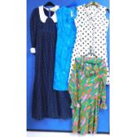 Four mid 20th Century dresses to include a black and white polka dot sleeveless dress by Cresta