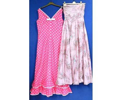 Two lady's dresses to include a cerise polka dot sleeveless dress by Cresta Couture, size 14 and a circa 1950's/60's straples