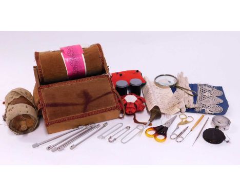 A bobbin lace making pillow and accessories, the wooden rest with velvet covered drum, front panel and side pincushions with 