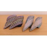 Two pairs of Chinese lotus shoes, the fabric shoes with fabric covered block heels, each approx. 9cm