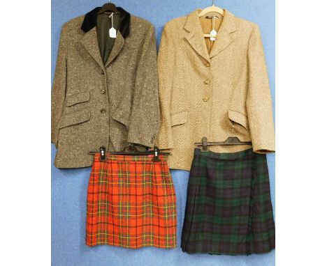 Two lady's jackets and two kilts to include a brown tweed Harry Hall three button single breasted jacket, a grey tweed jacket