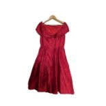 A red raw silk cocktail dress and matching pashmina/shawl, with off-the-shoulder scoop neckline,