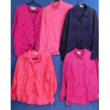 Five lady's silk shirts, to include a fuschia pink shirt by French Connection size S, and four other