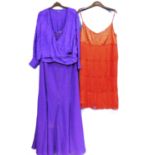 Two items of evening wear, to include a ladies red satin fringed and beaded detail spaghetti strap