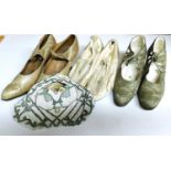 Three pairs of early 20th Century lady's shoes together with a beaded bag (4)