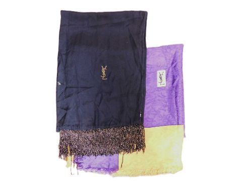 Two Yves Saint Laurent scarves, one in Autumnal satin with fringed edging, approx. 130 x 137cm, together withn a black chiffo