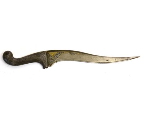 A Late 19th Century Indo-Persian Peshkabz, the 30cm T section steel blade with curved bevelled edge and swollen tip, the back