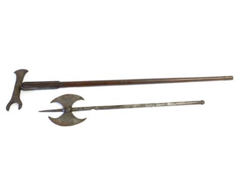 A European Pole Axe/War Hammer,  the heavy 20cm head with crescent shape blade opposing a spanner shape blade, the 16cm lange