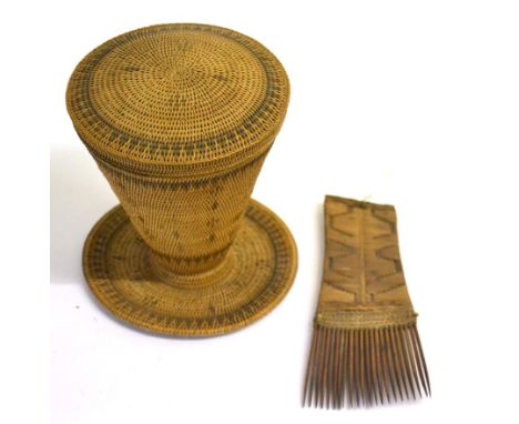 An Early 20th Century Indonesian Finely Woven Basket, possibly Solomon Islands, of conical form with integral dished foot and
