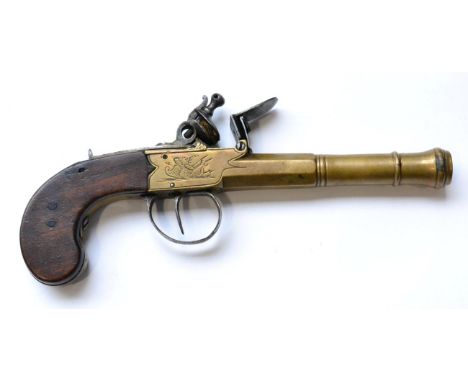 An 18th Century Flintlock Travelling Pistol, with 13cm brass cannon barrel, box lock engraved with martial trophies, steel co