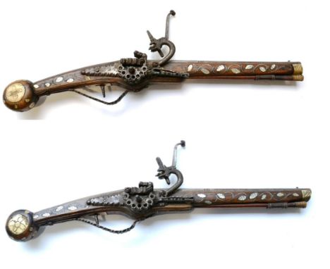 A Pair of 19th Century Indian Copies of Continental Wheel-lock  Pistols, each with 33.5cm steel barrel octagonal at the breec
