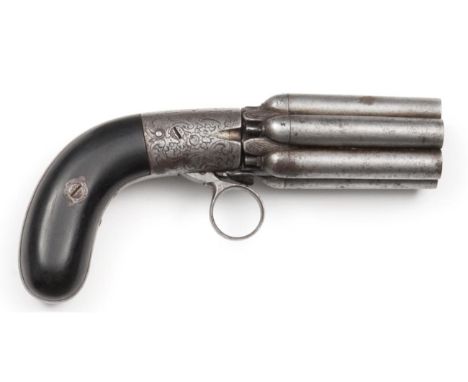A 19th Century Belgian Mariette Six Shot Pepperbox Percussion Revolver, with 6.5cm numbered damascined turn-off barrels, Lieg