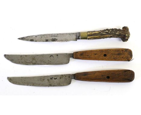 Two 19th Century North American Indian Scalping Knives, each with 10cm straight back steel blade with curved edge and narrow 