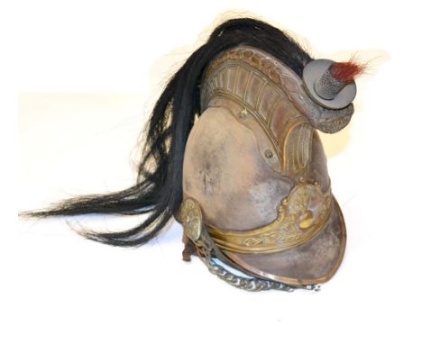 A French Second Empire Cuirassier Trooper's Steel Helmet, the brass high panelled comb with black horsehair mane, the Medusa 