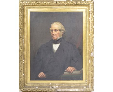 A large 19th Century Scottish oil on canvas portrait painting of a well dressed gentleman seated with dark tones to the backg