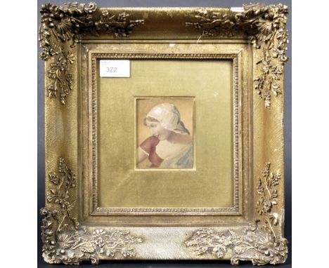A 19th century oil miniature portrait painting study of a maiden set into a gilt frame with deep mount. Unsigned. Measures ap