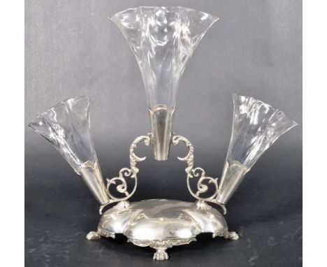 An early 20th Century Walker &amp; Hall silver plated triple centerpiece epergne comprising of a central large fluted glass v