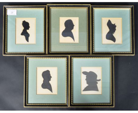 A set of five 19th Century Silhouette portrait paintings. Each believed to be from the same family comprising two gentleman f