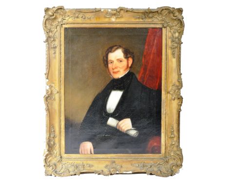 A 19th Century Victorian English oil on canvas portrait painting study depicting a gentleman wearing a black coat, seated and