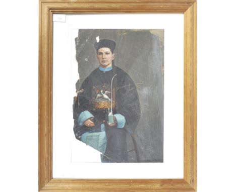 An unusual early 20th Century watercolour and oil portrait painting study on paper depicting a gentleman in Chinese robes and