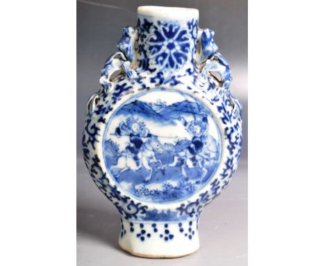 A 19th Century Chinese blue and white porcelain moon flask having hand painted decoration depicting scrolling leaves and bota