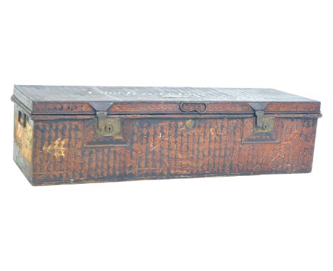 A 19th Century Victorian military Boer War period metal travel / shipping trunk. The lid with an applied engraved plaque and 