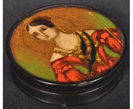 A 19th Century Victorian 1840 paper mache snuff box / pot of circular form having a hand painted portrait depicting Queen Vic