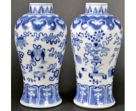 A pair of 19th Century Chinese Kangxi mark Oriental blue and white porcelain vases of Meiping shape. The vases with hand pain