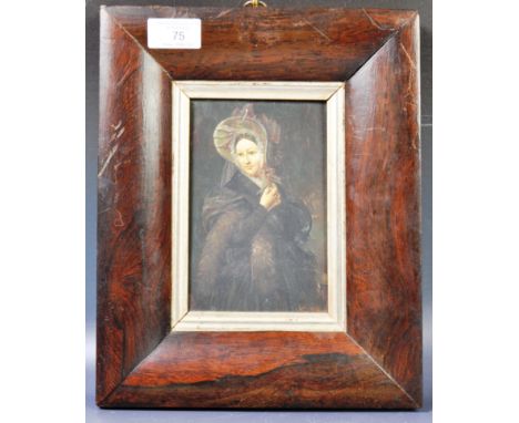 A Victorian 19th Century oil on board portrait painting study depicting a woman in black dress with bonnet on black ground. T