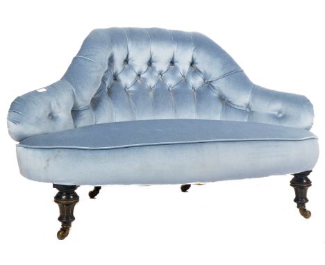 A Victorian 19th Century mahogany ‘love ‘sofa settee having turned legs with overstuffed blue velour seat and button backing.