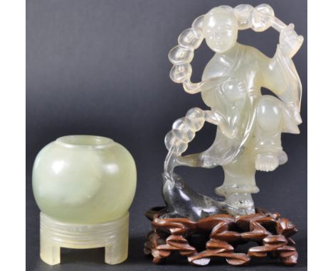 Two pieces of Chinese Oriental hand carved Bowenite / jade hardstone comprising a figurine group depicting a boy and toad lik