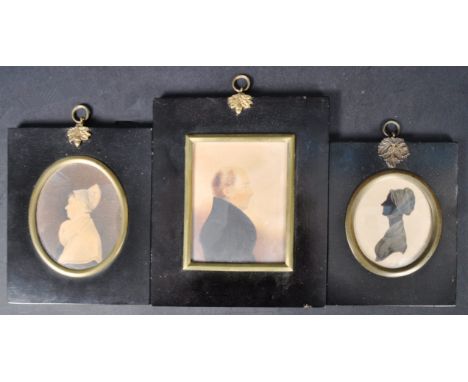 Three 19th Century Portrait miniature paintings / studies comprising one of a gentleman facing right, a silhouette example of